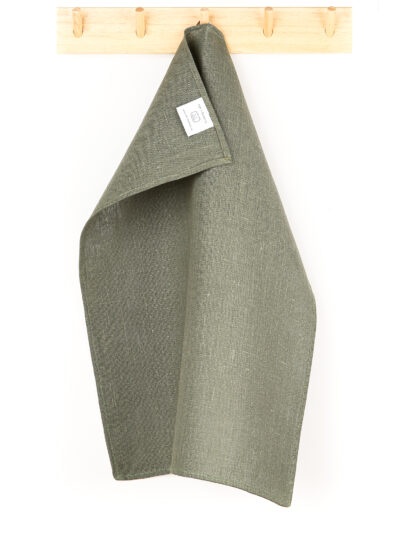 Olive green tea towel in linen
